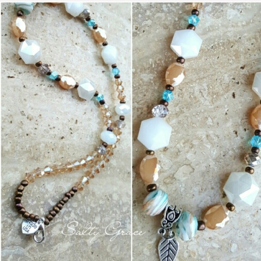 Swarovski leaf and peach boho necklace
